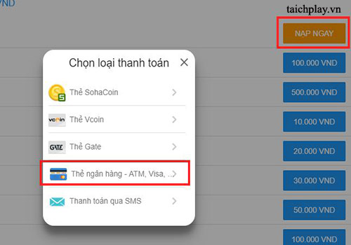 Các bước nạp thẻ Hiệp Nghĩa Giang Hồ qua ATM, Visa 01