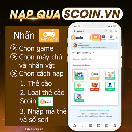 Hướng dẫn các bước nạp thẻ Chiến Thần Kỷ Nguyên 01